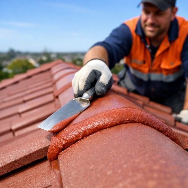 Roof repointing in Perth by Roofing Guys Perth, applying high-quality flexible pointing to ridge capping to seal the roof and keep tiles secure.